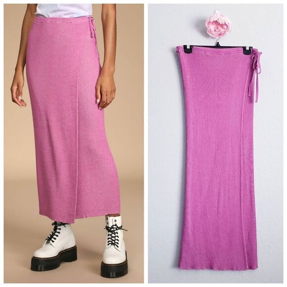 Free People Pink Tie Front Ribbed Maxi Skirt - Picture 1 of 8